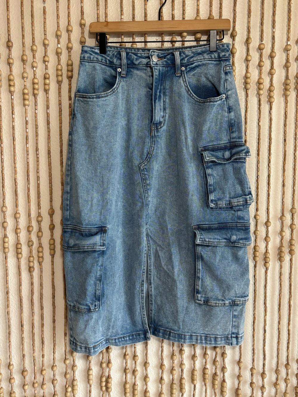 Blue Cargo Medium Wash Denim Pocket Maxi Stretch Y2K Style Skirt Med